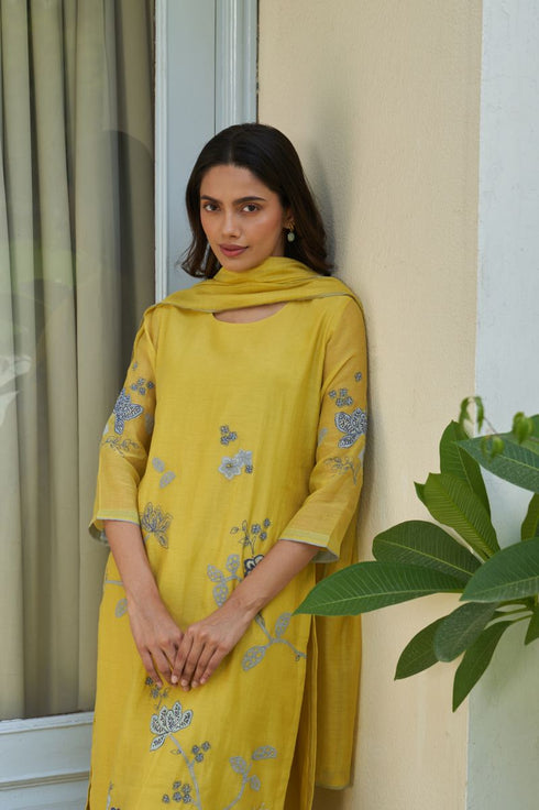 Daffodil applique embroidered kurta set