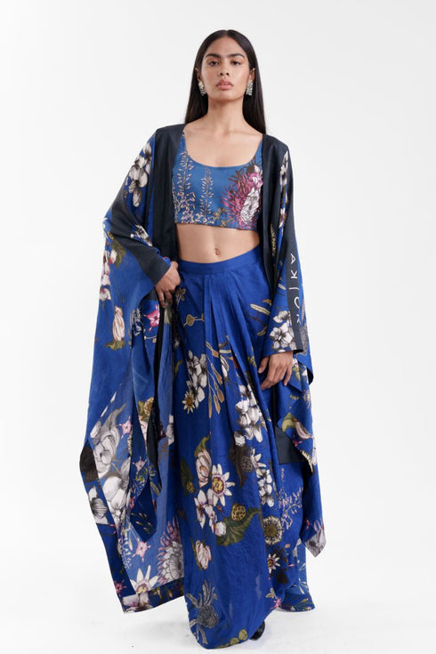 Dark blue floral long cape with crop top & lungi skirt