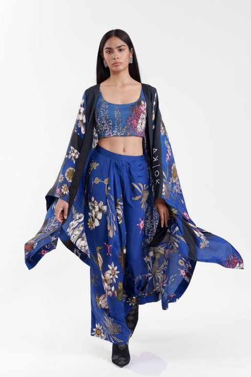Dark blue floral long cape with crop top & lungi skirt