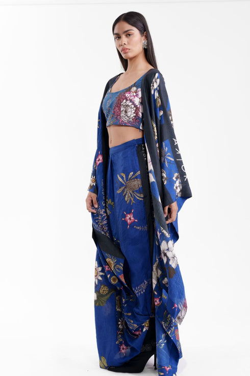 Dark blue floral long cape with crop top & lungi skirt