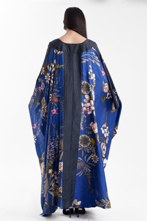 Dark blue floral long cape with crop top & lungi skirt