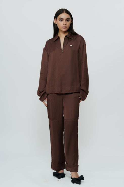 Dark brown silk shirt & trouser with AKOK highlight embroidery
