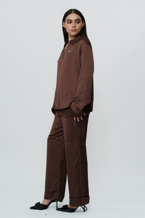 Dark brown silk shirt & trouser with AKOK highlight embroidery