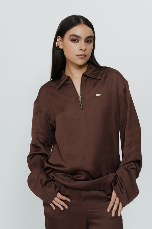 Dark brown silk shirt & trouser with AKOK highlight embroidery