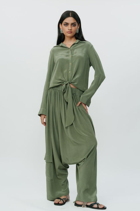 Dark olive knotted shirt with low crotch pants