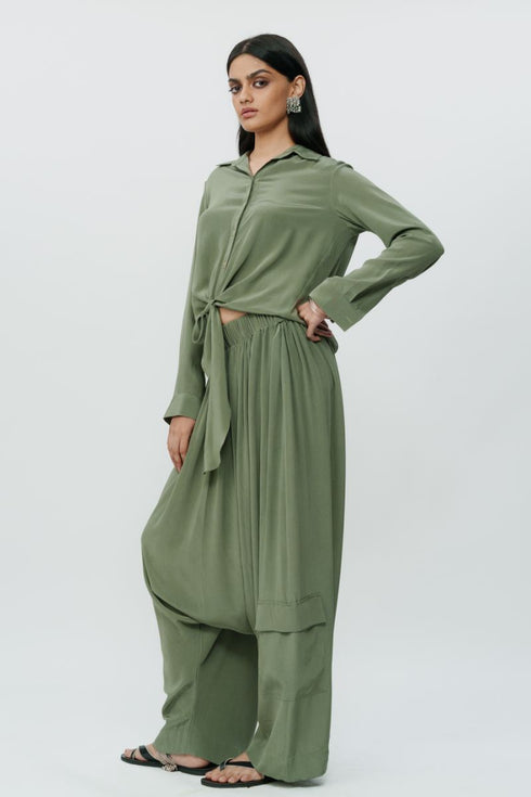 Dark olive knotted shirt with low crotch pants