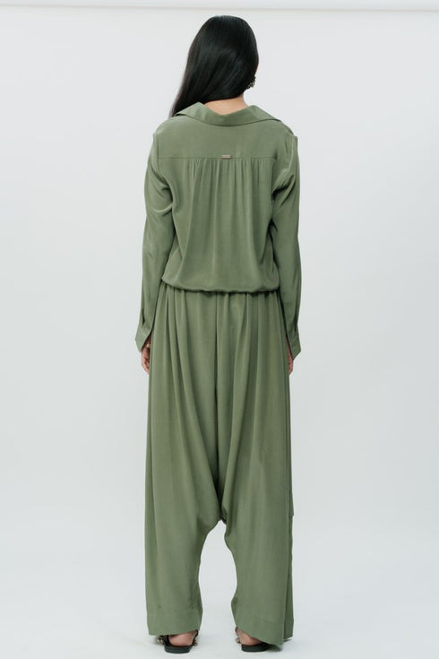 Dark olive knotted shirt with low crotch pants