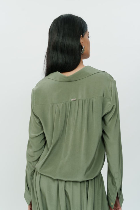 Dark olive knotted shirt with low crotch pants