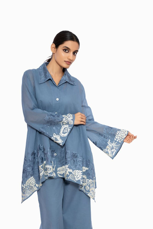 Denim blue handloom cotton embroidered top