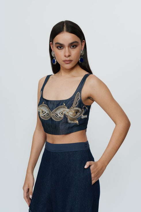 Denim hand embroidered threadwork crop top