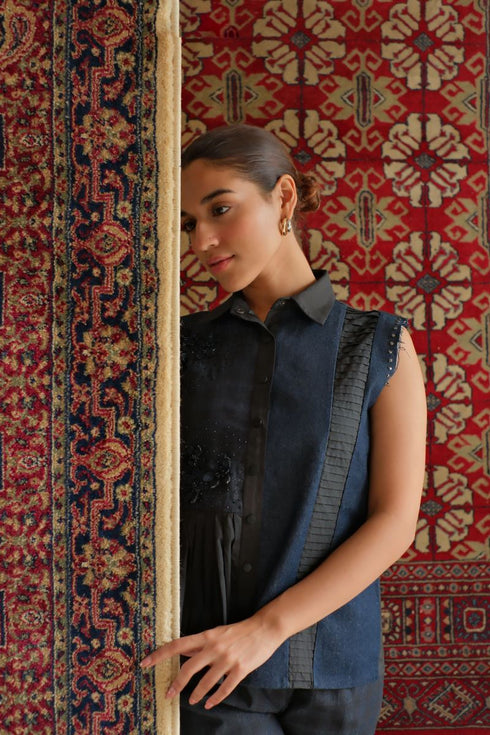 Denim midnight blue gathered top