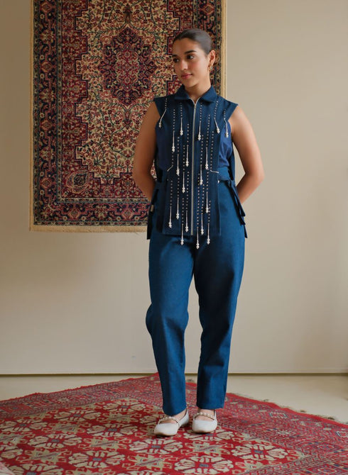 Denim navy blue beaded jacket