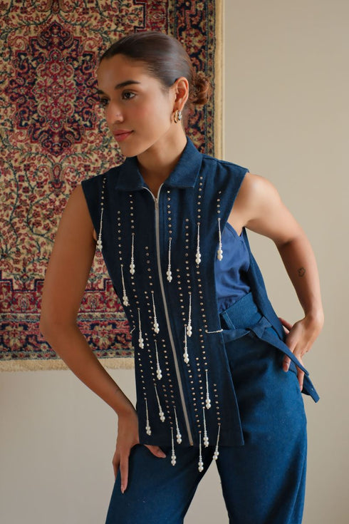 Denim navy blue beaded jacket