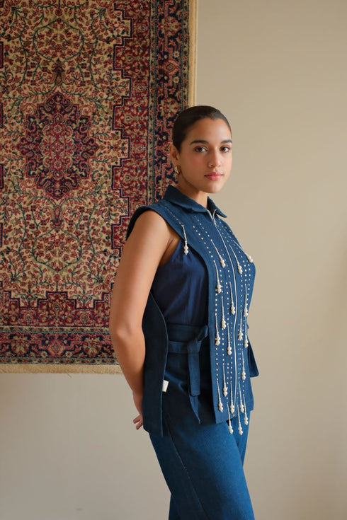 Denim navy blue beaded jacket