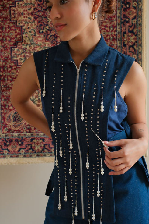 Denim navy blue beaded jacket