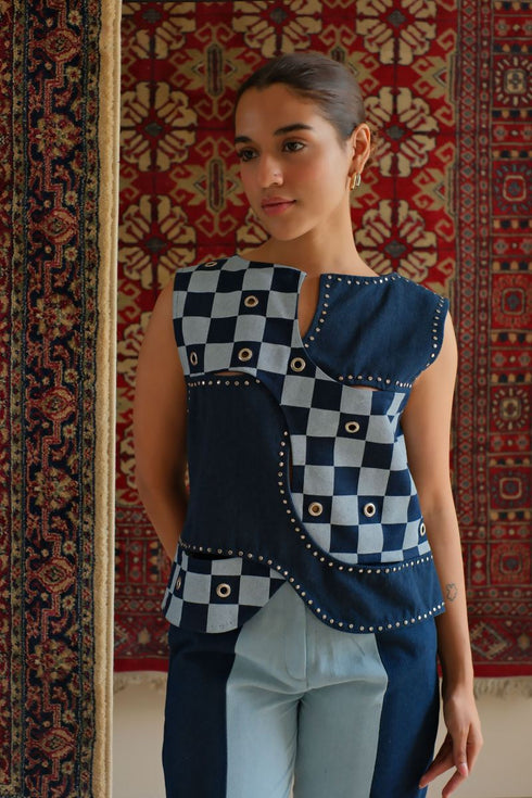 Denim navy blue checkered top