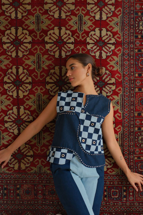 Denim navy blue checkered top