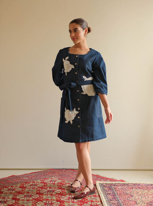 Denim navy blue floral dress