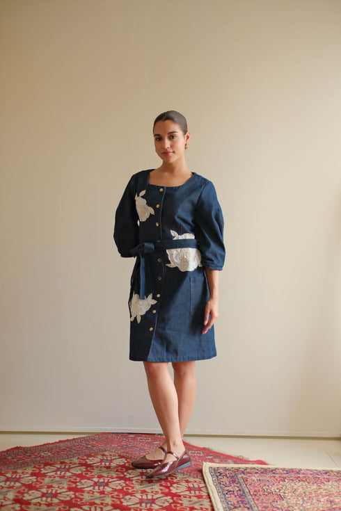 Denim navy blue floral dress