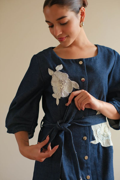 Denim navy blue floral dress