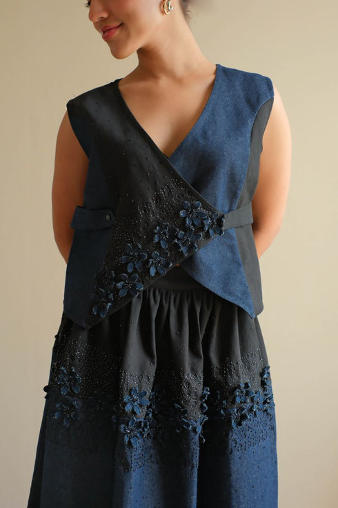 Denim navy blue floral skirt