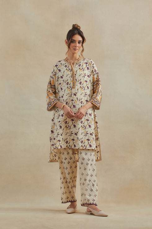 Dia beige and purple cotton chanderi short kurta with pants