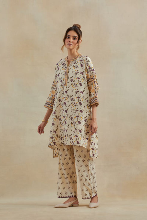 Dia beige and purple cotton chanderi short kurta with pants