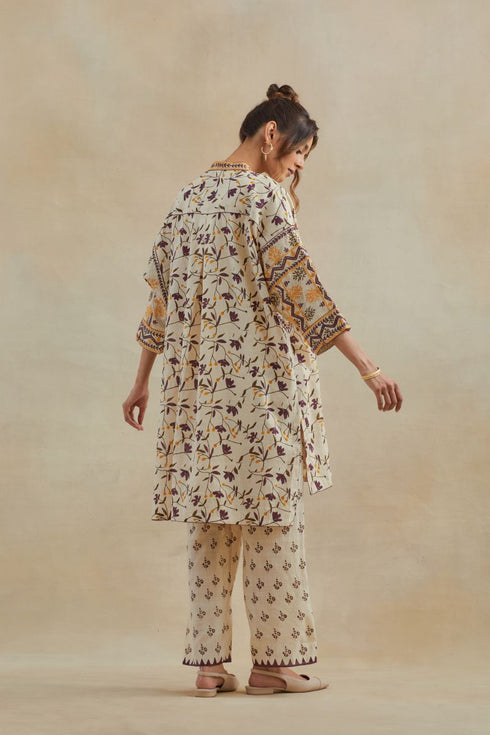 Dia beige and purple cotton chanderi short kurta with pants