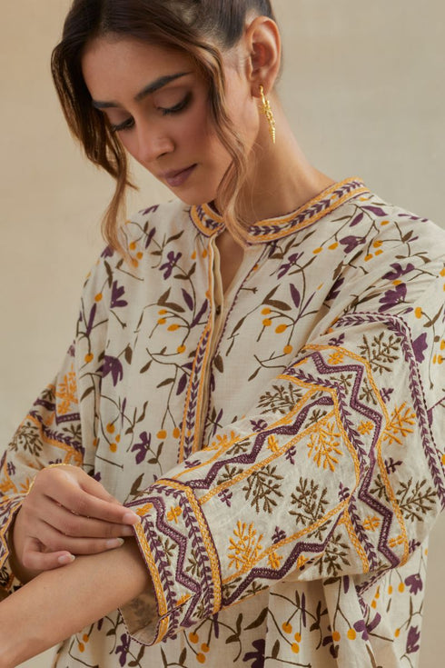 Dia beige and purple cotton chanderi short kurta with pants