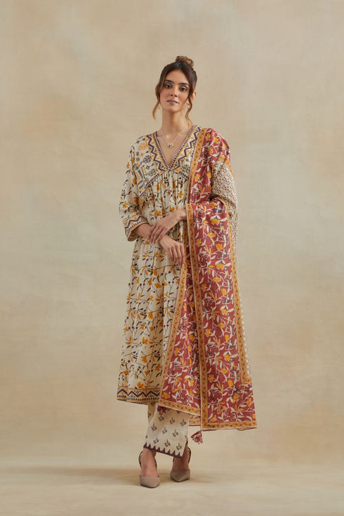 Dia beige and purple cotton kurta dress set