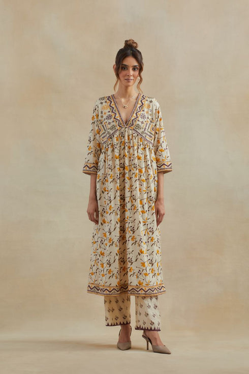 Dia beige and purple cotton kurta dress set