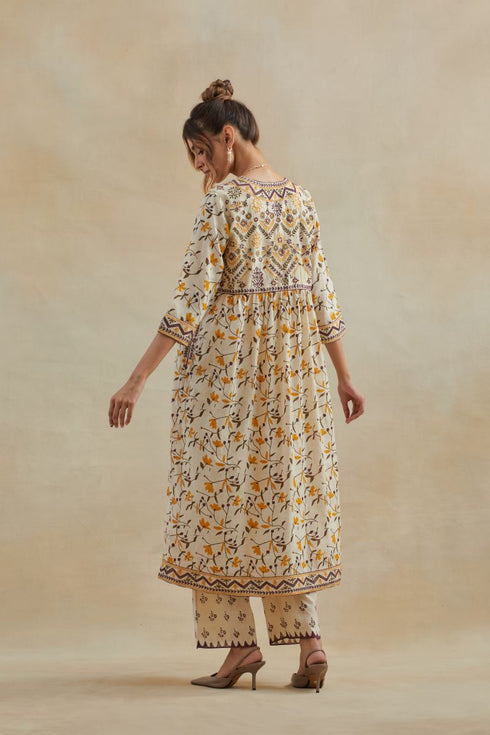 Dia beige and purple cotton kurta dress set