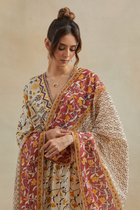 Dia beige and purple cotton kurta dress set