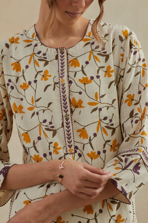 Dia beige and purple straight kurta set