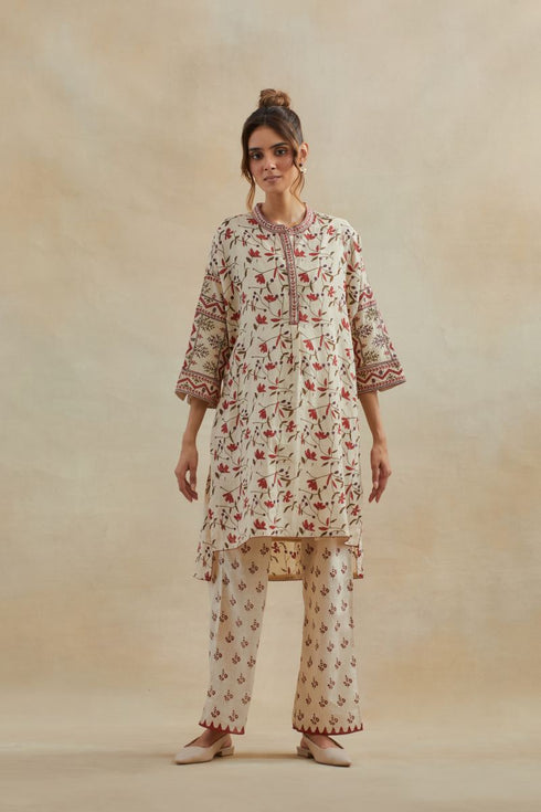 Dia beige and red cotton chanderi short kurta with pants