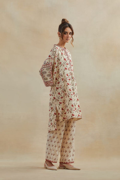 Dia beige and red cotton chanderi short kurta with pants