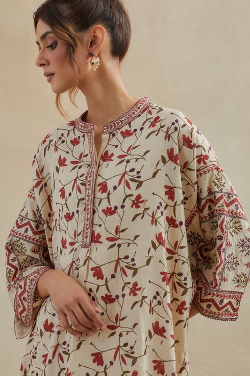 Dia beige and red cotton chanderi short kurta with pants