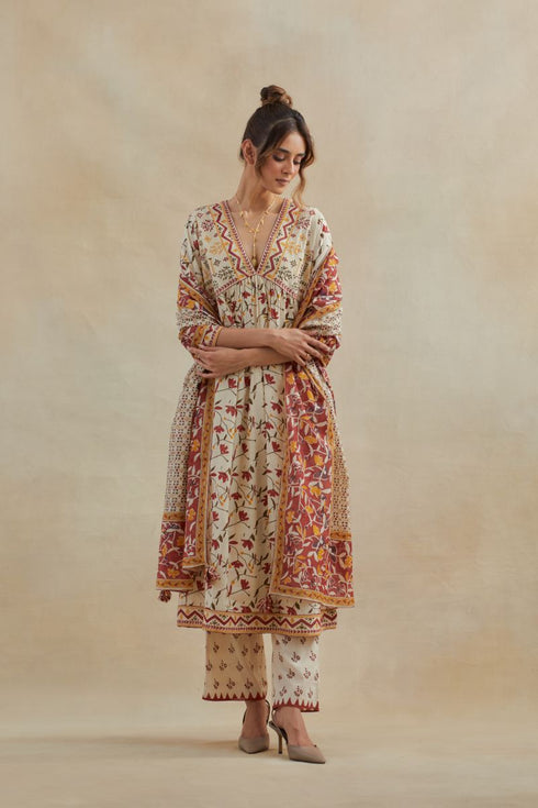 Dia beige and red cotton kurta dress set