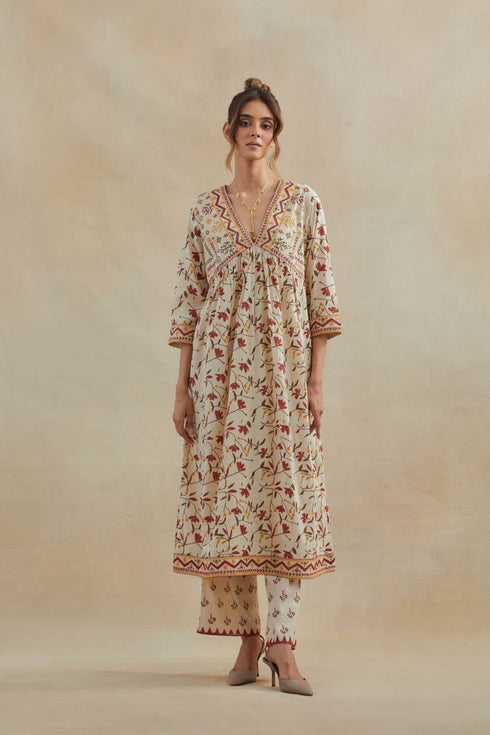 Dia beige and red cotton kurta dress set