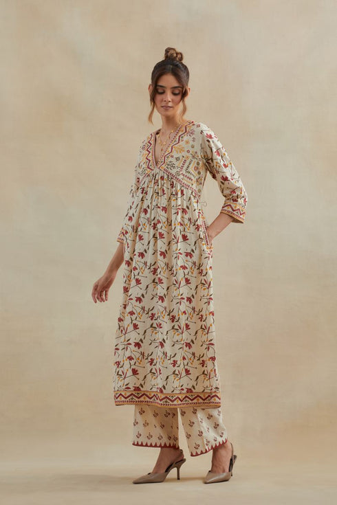 Dia beige and red cotton kurta dress set