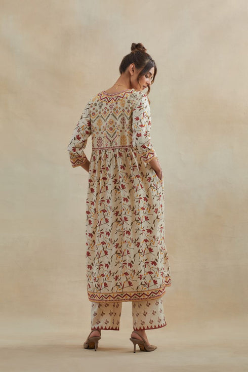 Dia beige and red cotton kurta dress set