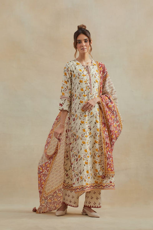 Dia beige and red straight kurta set