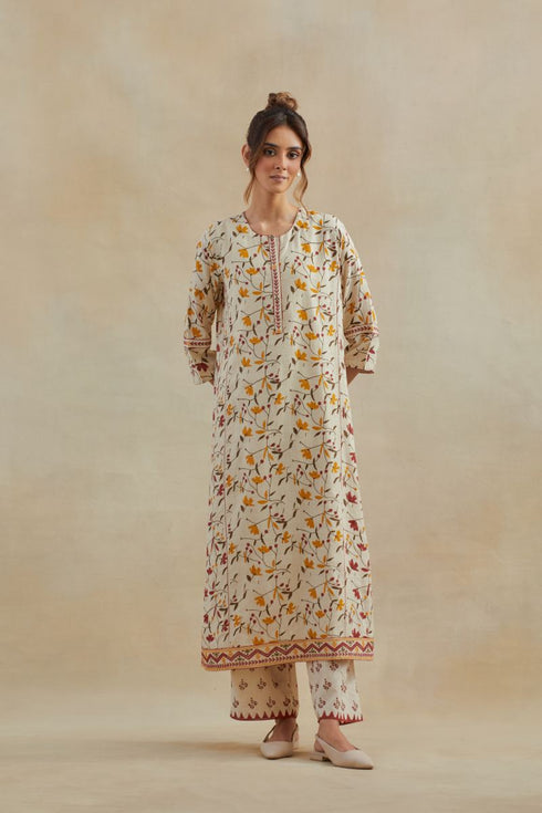 Dia beige and red straight kurta set