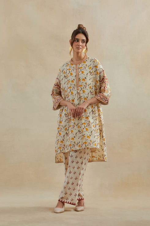 Dia beige and rust cotton chanderi short kurta with pants