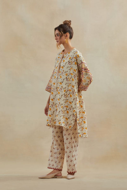 Dia beige and rust cotton chanderi short kurta with pants