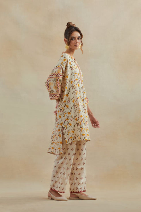 Dia beige and rust cotton chanderi short kurta with pants