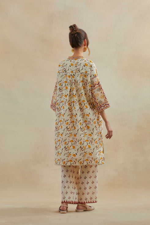 Dia beige and rust cotton chanderi short kurta with pants