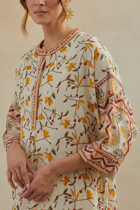 Dia beige and rust cotton chanderi short kurta with pants
