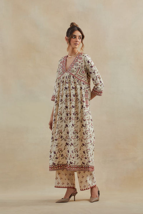 Dia beige and rust cotton kurta dress set