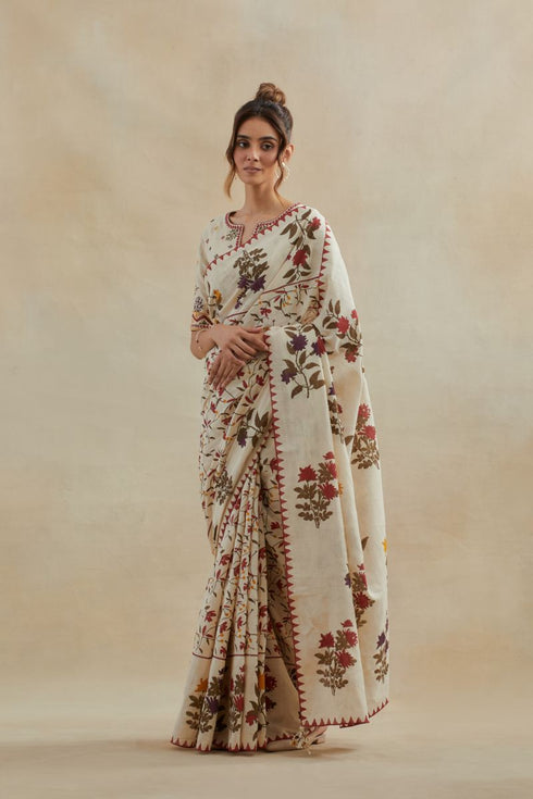 Dia beige printed cotton sari with blouse